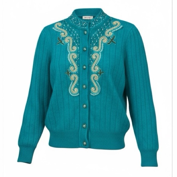 *Vintage Belldini Angora Embellished Button Cardigan Sweater M Green Gold Jewel - Picture 2 of 11